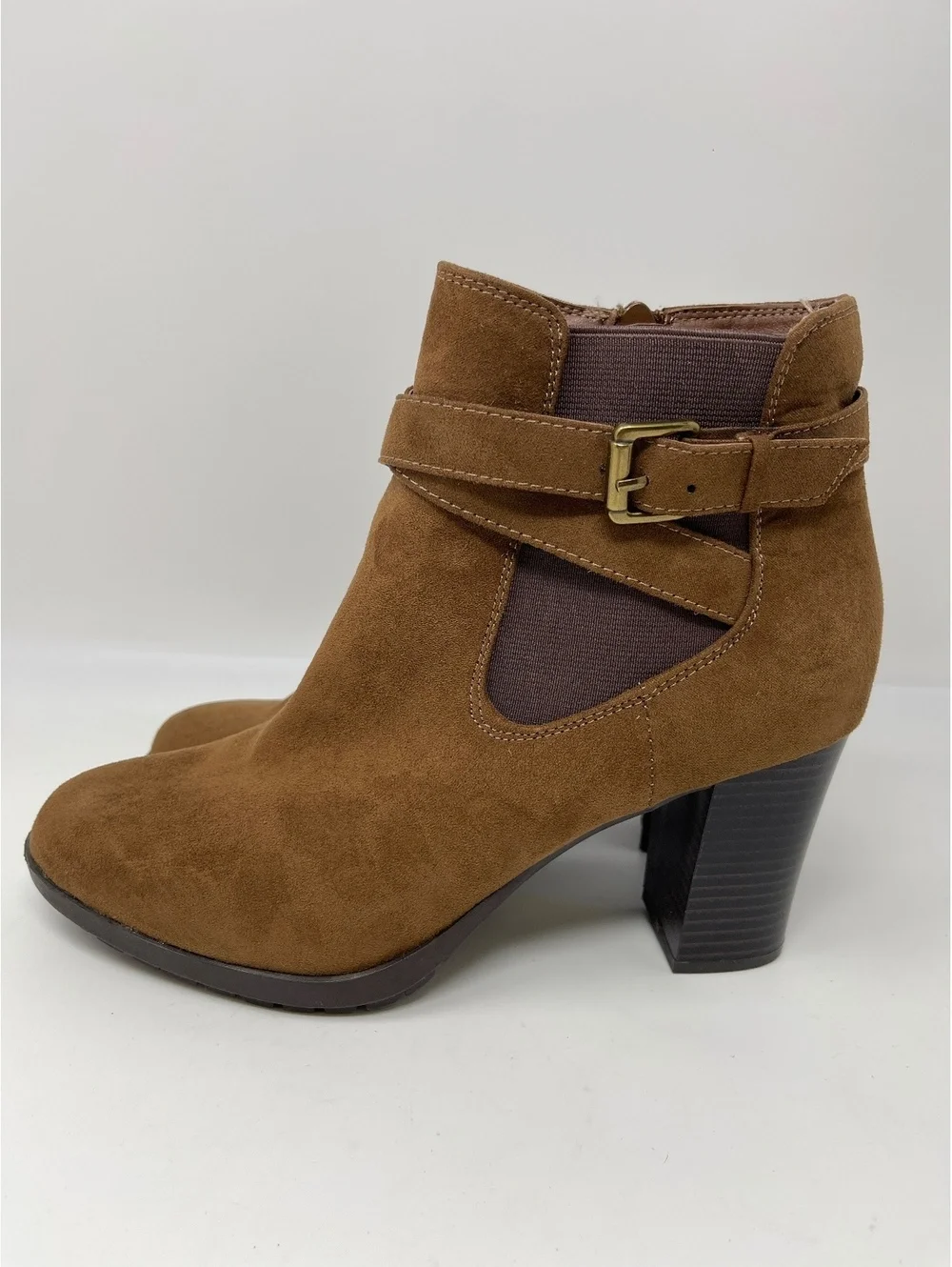Style & Co Brown Faux Suede Ankle Boots Women's Size 8M Heel Buckle Zip Booties